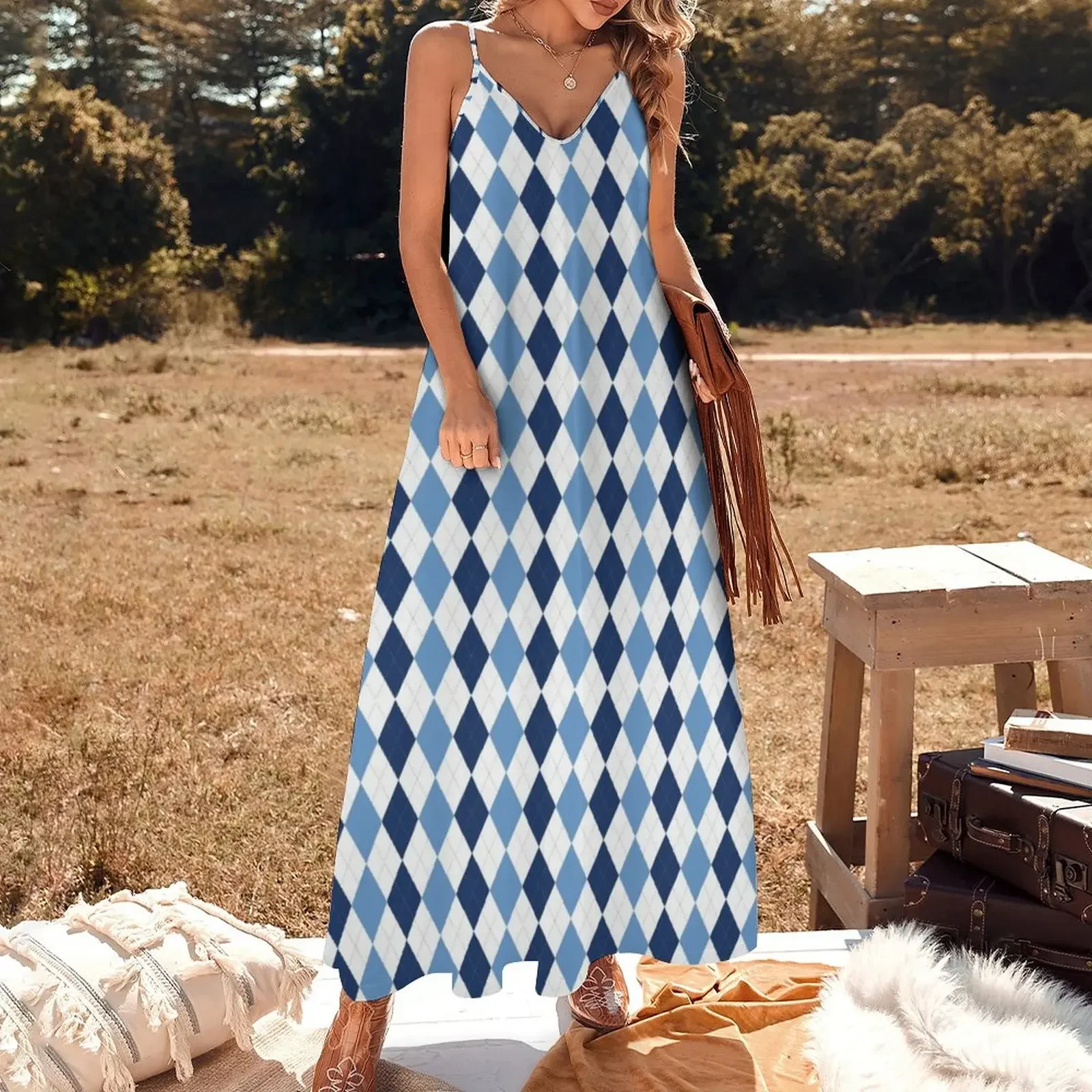 Navy/Carolina Argyle Sleeveless Dress women dresses women's clothing korea stylish Dress