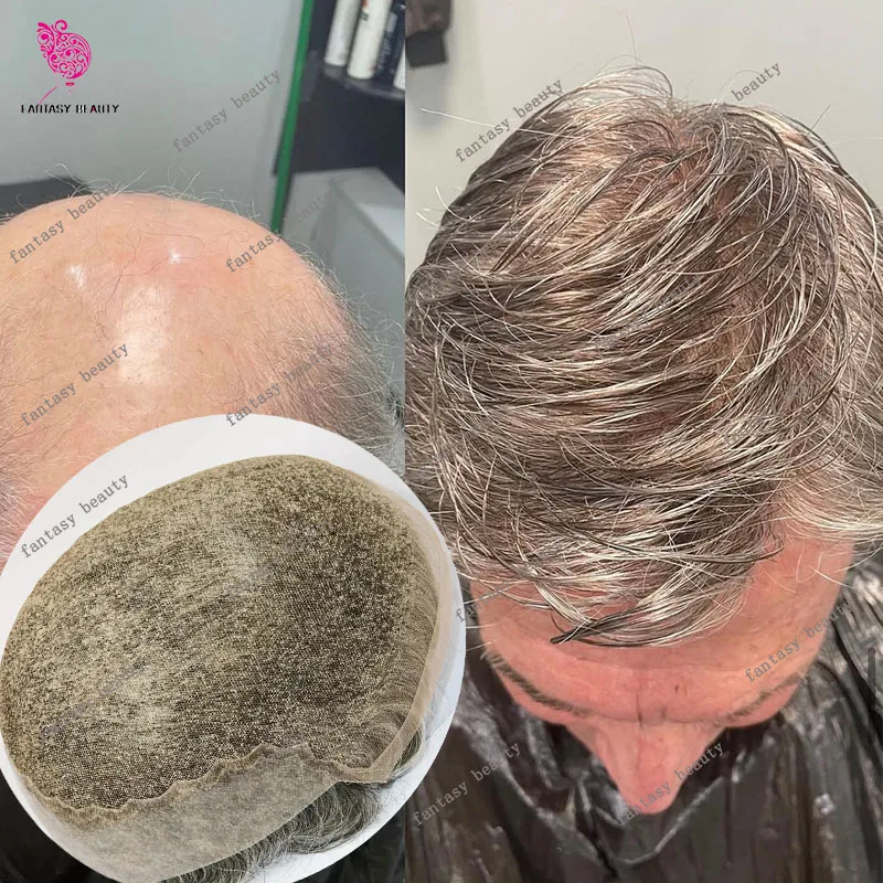 بلوزة دانتيل قابلة للتنفس Q6 طبيعي أسود رمادي 1B80 1B50 شعر مستعار للرجال 100% شعر بشري لعذراء متين جلد PU بليتش شعري اصطناعي