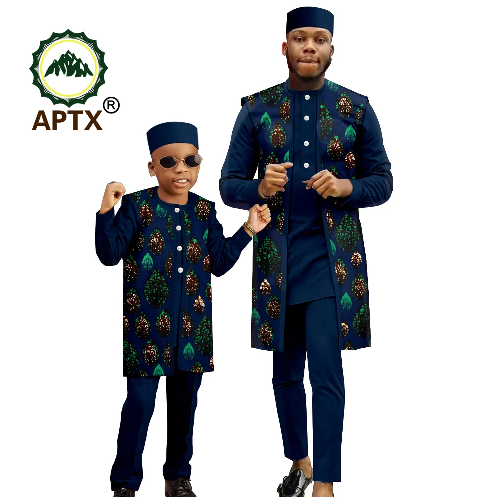 African Family Clothes Sets Dashiki Men's Print Coat Shirt and Pants 3 Piece Set with Hat Matching Boys Ankara Outfit F234006