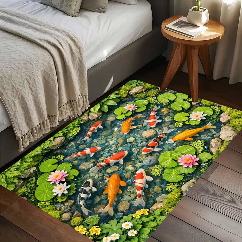 Waterproof Nature Pond Koi Fish Doormat Indoor Outdoor Welcome Mat Garden Lily Pad Tropical Floral Polyester Entrance Rug