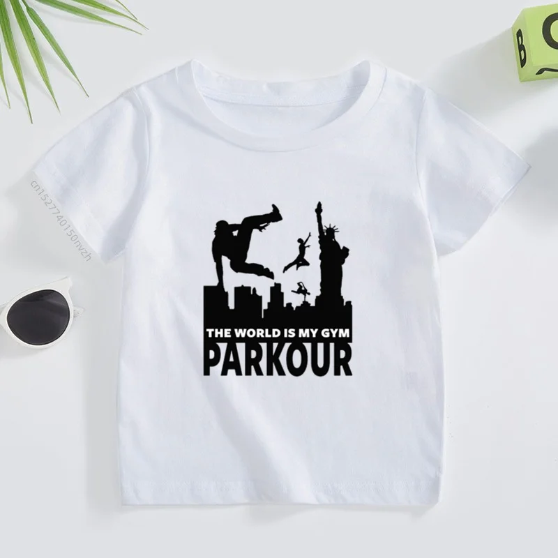 Kids Parkour Design T Shirt Boys/Girls Great Kawaii Short Sleeve Tops Children\'s Funny White T-Shirt