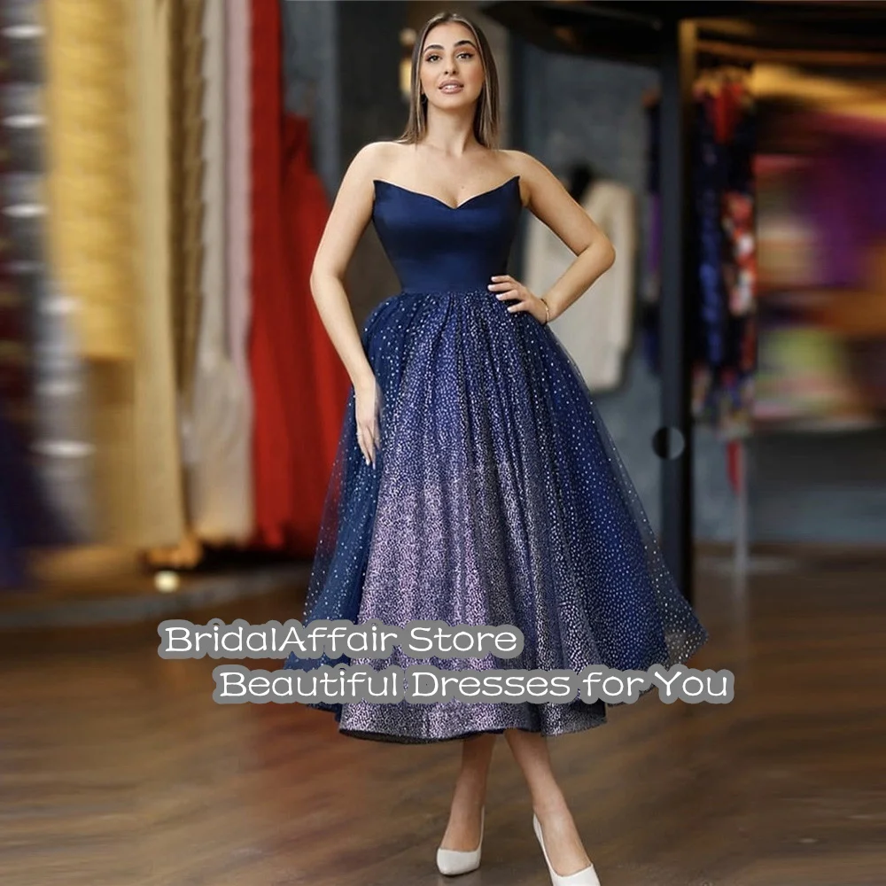 BridalAffair-vestidos de fiesta azul marino para mujer, falda de tul brillante con escote Corazón, vestido Formal de fiesta largo hasta el té, vestido de cóctel