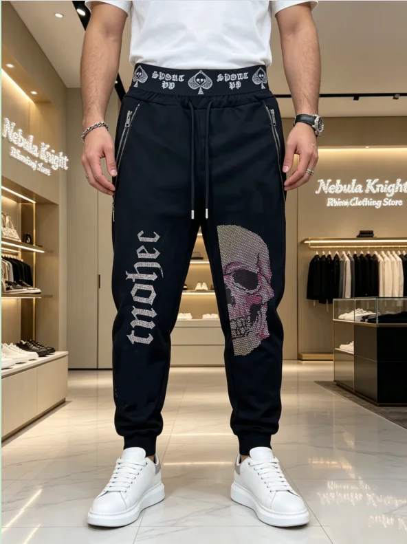 Men's Luxury Rhinestone High Waist Sweatpants with Zipper Pocket Elastic Casual Trousers for Streetwear Summer Fashion