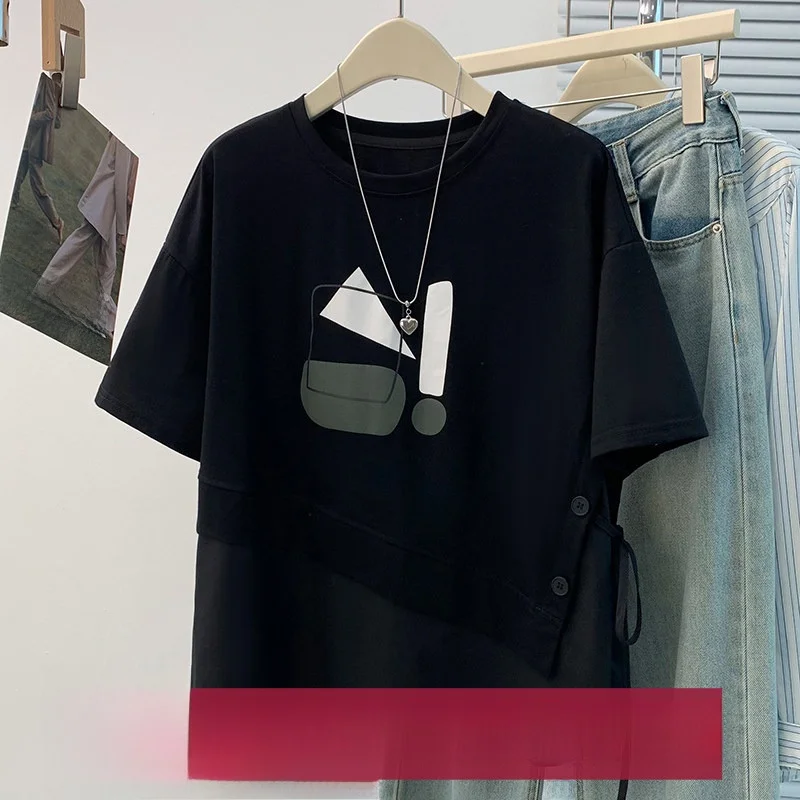 

Summer New Style Korean Design Loose Casual Short Sleeve T-Shirt Women's Versatile Slimming Large Size City Commute Cotton Cr...