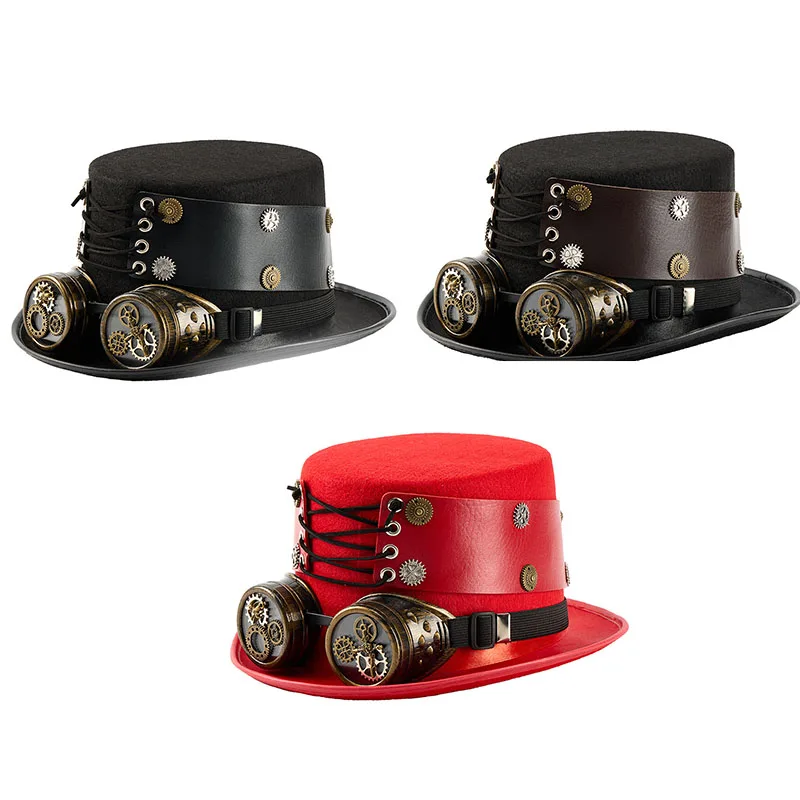 Trendy Victorian Gothic Hat With Adjustable PU Leather Strap And Detachable Goggles For Costume Parties Halloween Dressing Up