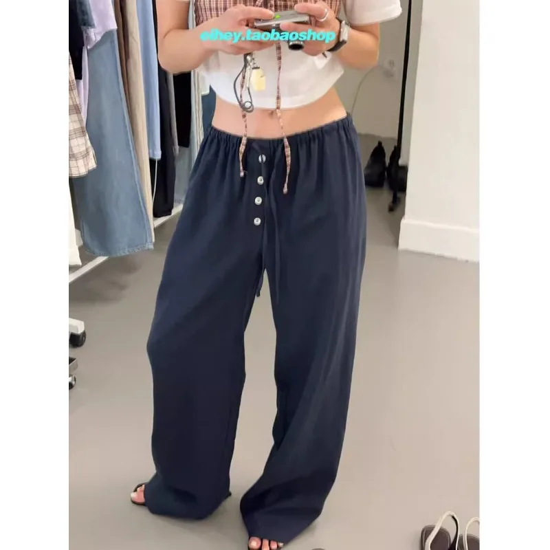 High Street Fashion Drawstring Multi Button Loose Wide Leg Pants Women 2024 Summer New Korean Solid Color All Match Casual Pants