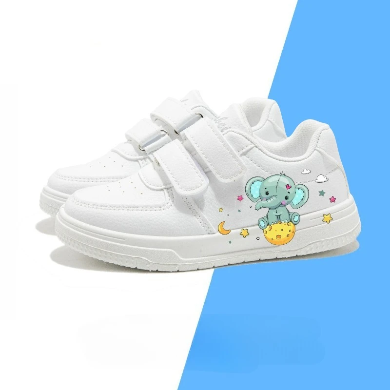 Fashion Autumn Classic Children Casual Shoes White with Cartoon Elephant Printed Soft Non-slip Boys Girls Skate Sneakers 21-38