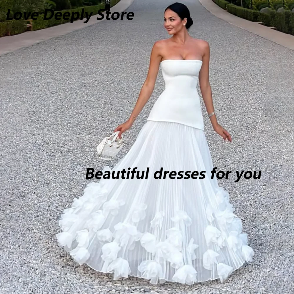 Vestidos de Madrina Elegantes Blancos Personalizados de 2 Piezas, Sin Tirantes, Falda de Tul Plisada Asimétrica, Flores 3D, Vestido para Invitadas de Boda