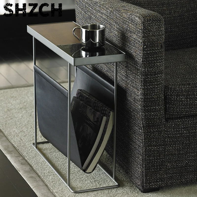 Nordic Side Table for Sofa Minimalist Bedside End Table Creative Living Room Accent Desk Multi-Functional Magazine Storage Shelf