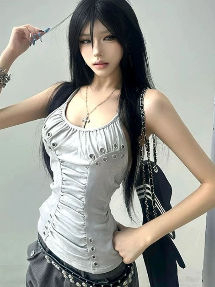 

American Retro Hot Girl Punk Hip Hop Women Tank Top Summer Y2K Harajuku Style Gothic Metal Buckle Women's Tops Millennium Style