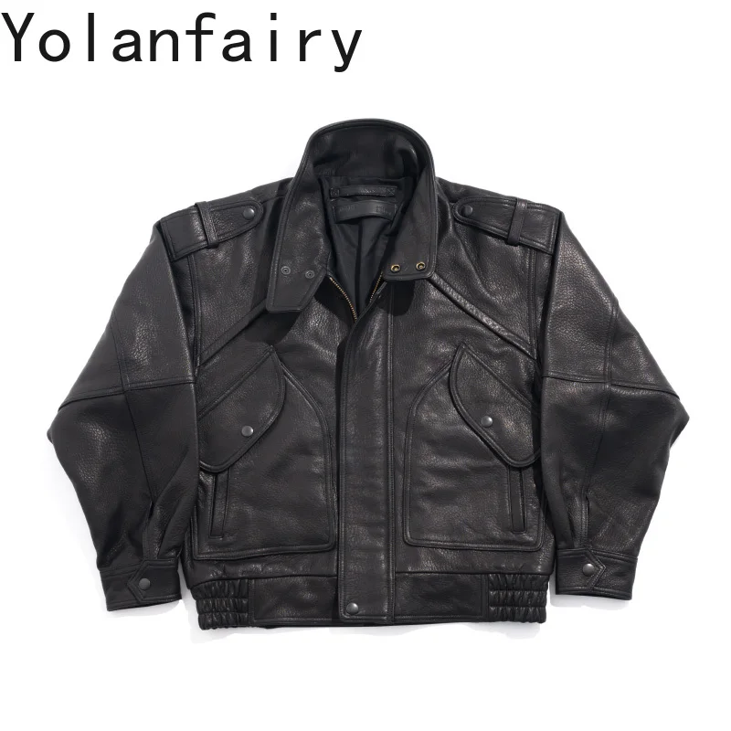 YOLANFAIRY Real Goatskin Vintage Leather Jacket Men Oversize Short Genuine Leather Jackets Man Clothing Fashion Leather Coat