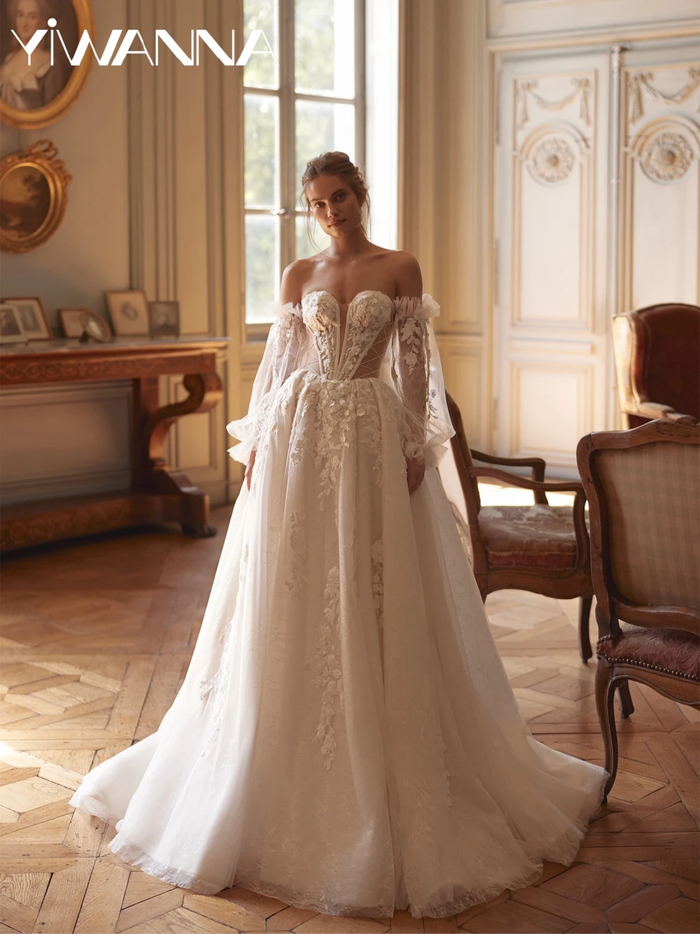 

Shiny Pearls Off Shoulder Wedding Dress Dreamy Lace Appliques Bridal Gown Customized Backless A-line Long Dresses For Bride