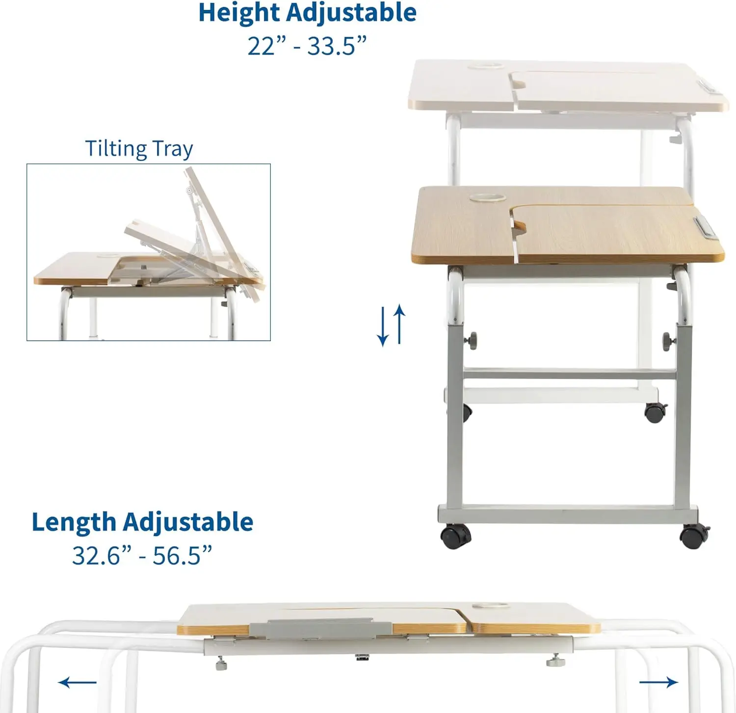 Mesa móvel ajustável em altura e comprimento para crianças e adultos, tampo de mesa inclinado, estação de trabalho ergonômica interativa rolante