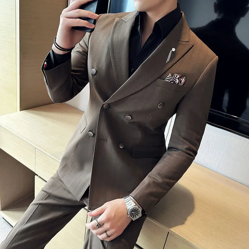 3-A53  Double-breasted striped suit for men, high-end business formal slim fit Korean handsome British suit two-piece suit