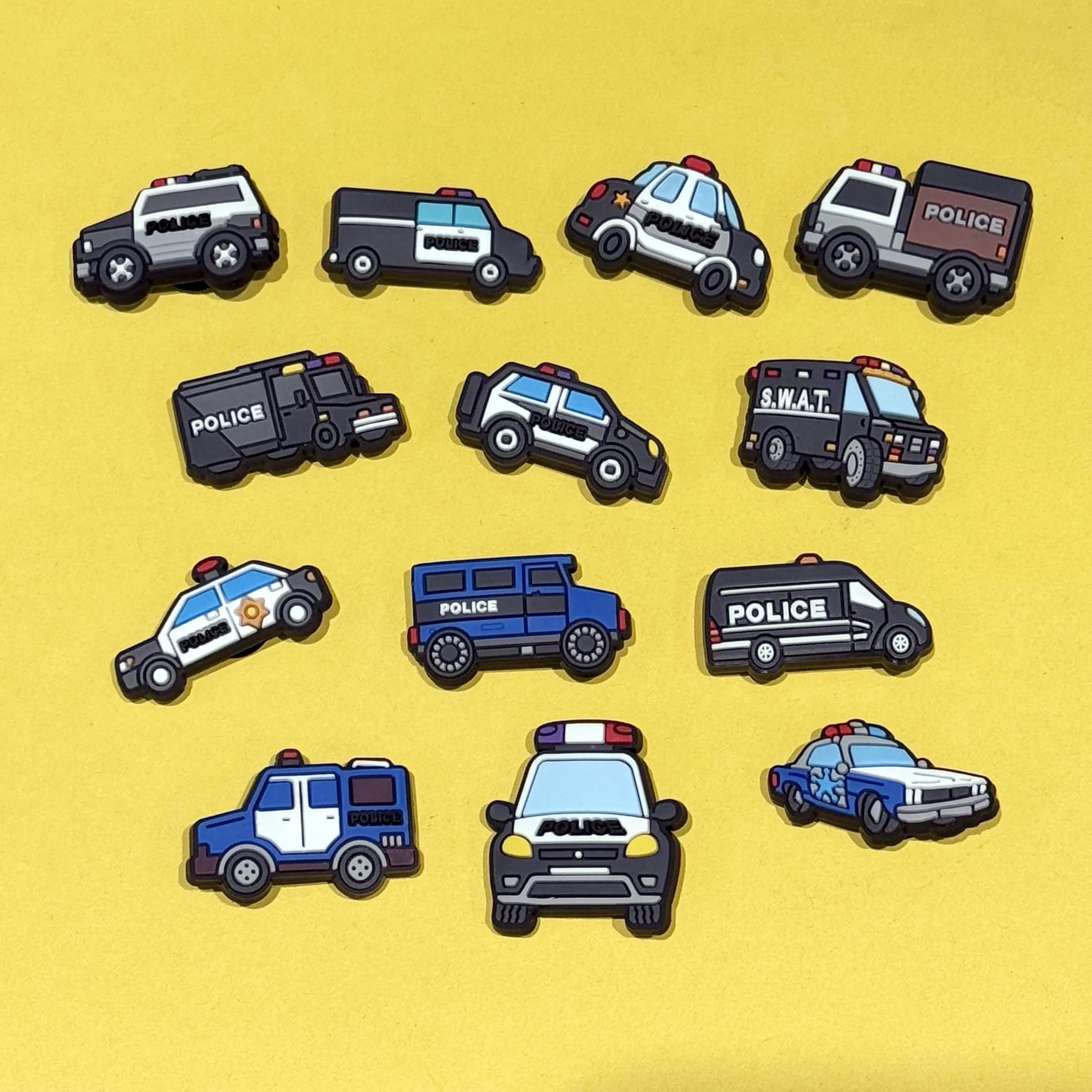 Hot Sales 1-13Pcs Squad Car Shoes Buckle Charms Police Kids Favorite Sandals Decorations Fit Birthday Gifts