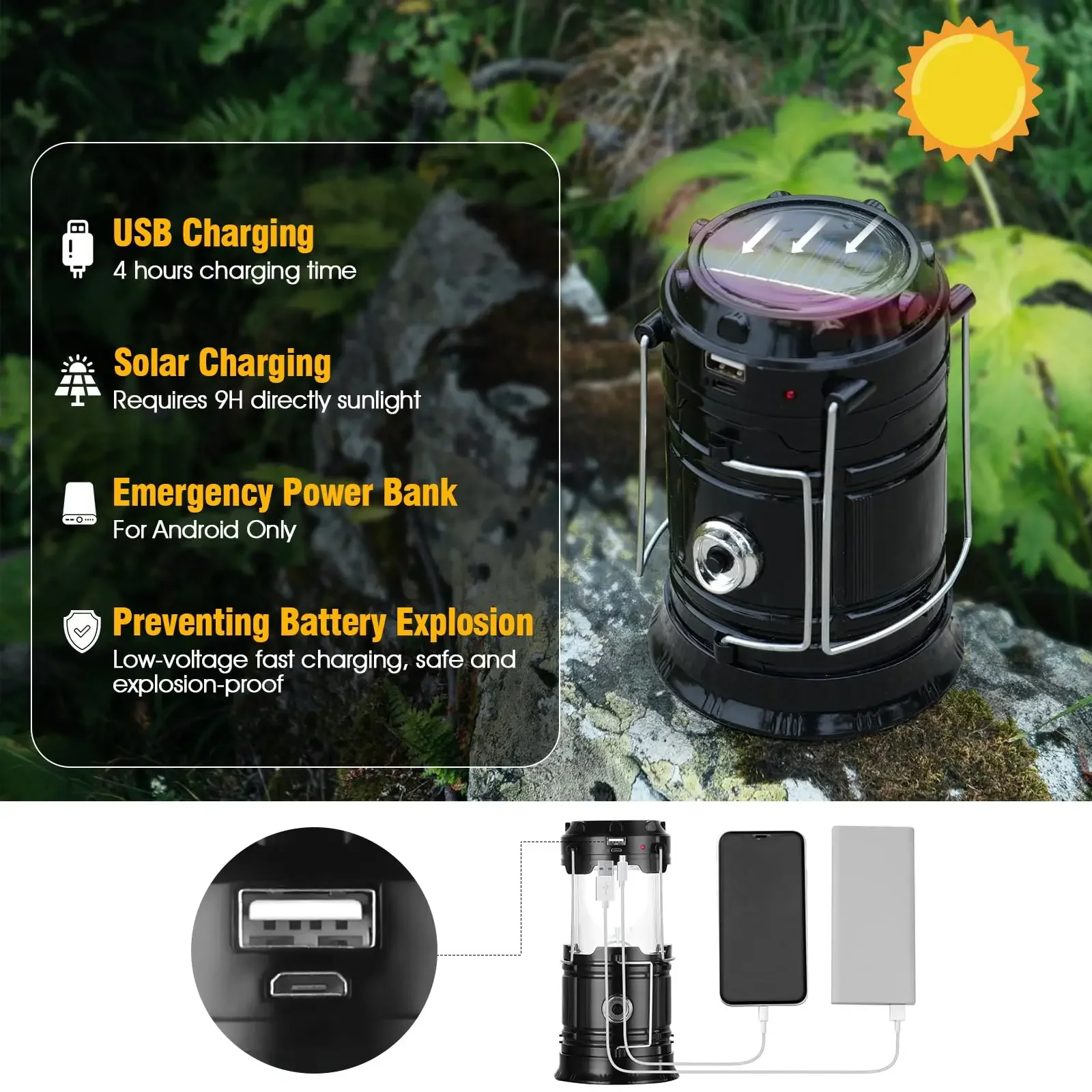 1/4pc Solar Camping Lantern USB Rechargeable Lamp Power Bank Portable Waterproof Solar Lights for Indoor Outdoor Emergency Light