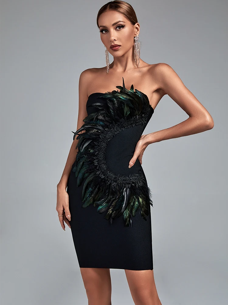 Vestido ajustado de encaje de plumas para mujer, traje verde elegante y Sexy sin tirantes para fiesta de noche y Club de cumpleaños, novedad de verano 2022