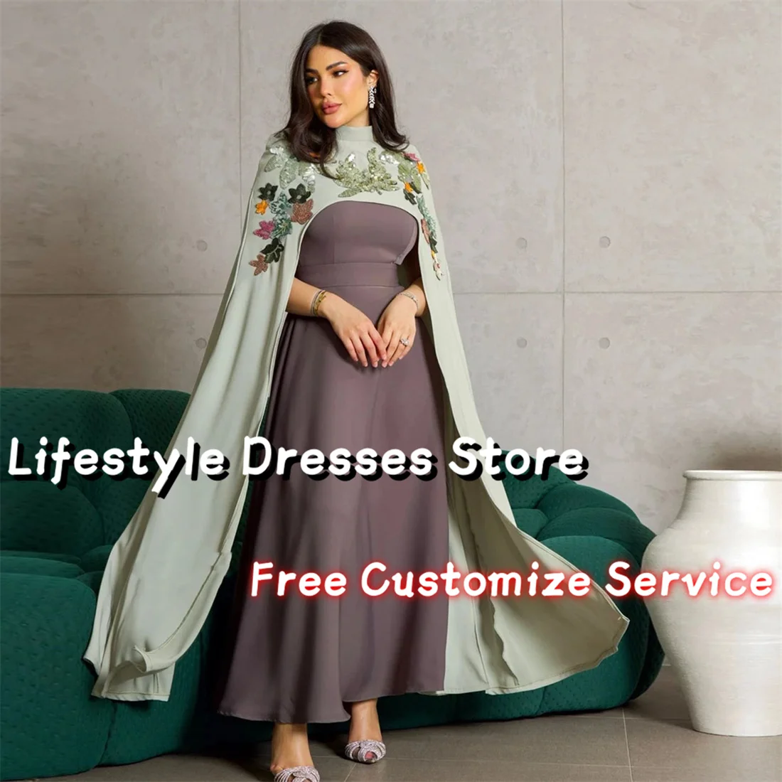 

Sequins Flower Appliques Shawl 2 Piece Saudi Elegant Evening Dresses Prom Dresses A Line Party Gowns Formal Occasion Dress