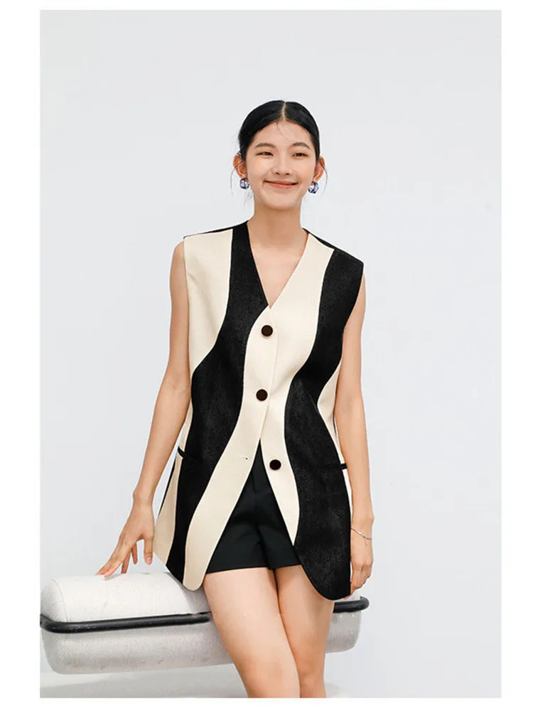 Contrastสีเสื้อกั๊กแขนกุดผู้หญิงVคอเดี่ยวอเนกประสงค์หญิงยาวเสื้อ 2025 ฤดูร้อนใหม่เสื้อกั๊กCardigan