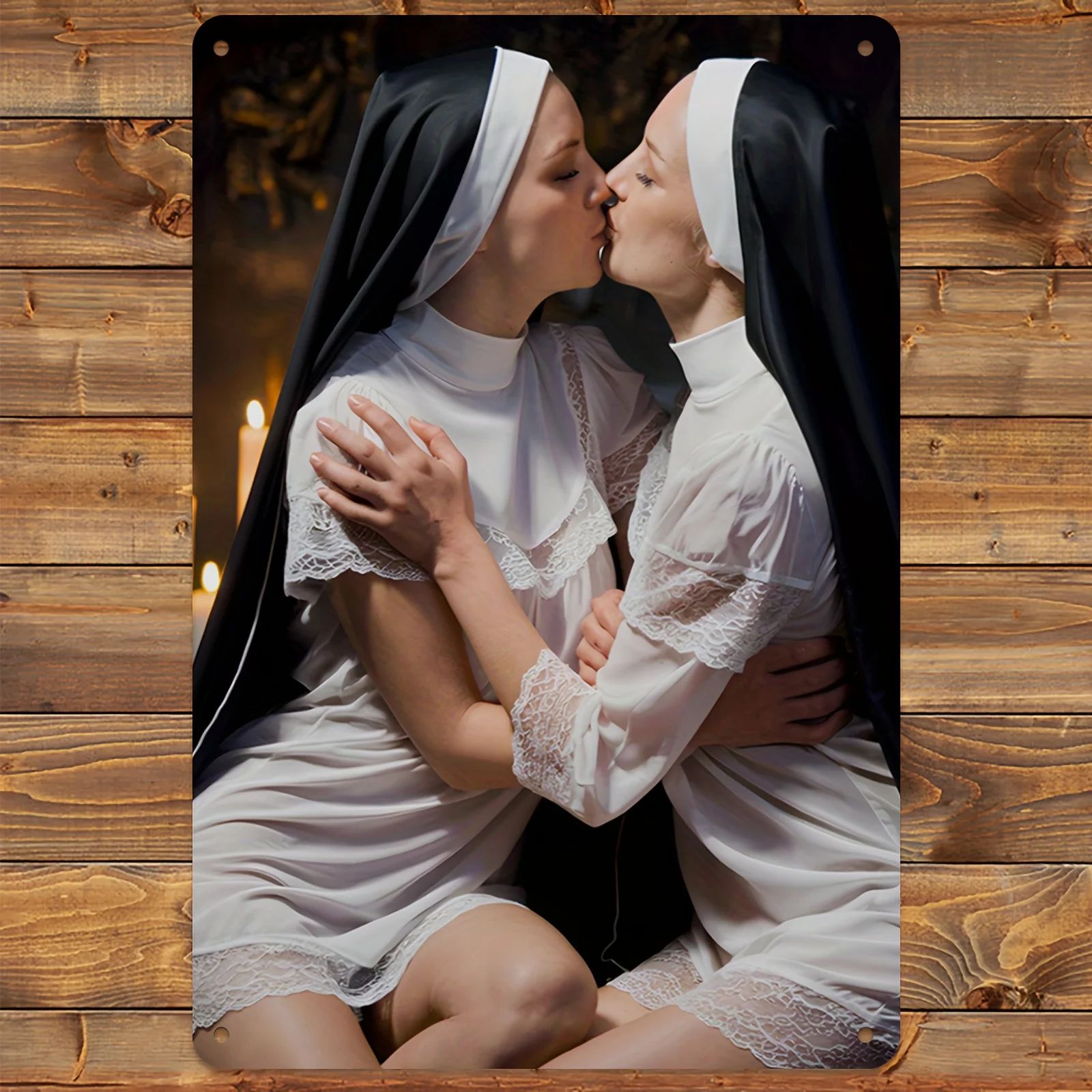 Vintage 2D Nun Kiss Metal Poster 8x12 Inch Gothic Wall Art for Home Wedding Valentine Decor