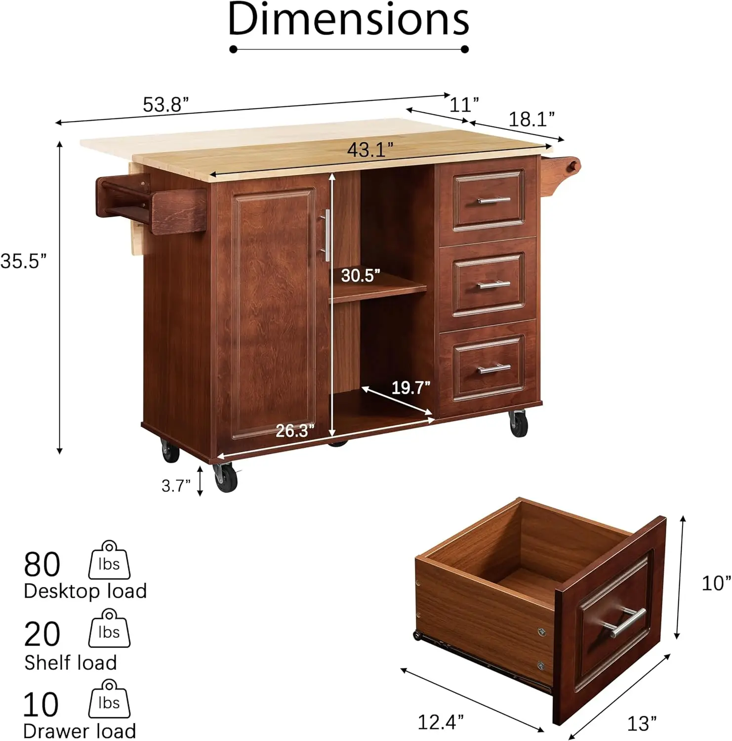 Rolling Kitchen Cart with Wood Top and Folding Drop Leaf Breakfast Bar, Portable Trolley Island with Large Storage