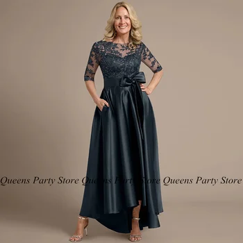 Vestido elegante de media manga con cuello redondo para madre de la novia, hasta el tobillo, corte en A, vestido de invitados de boda de satén con bolsillo y lazo
