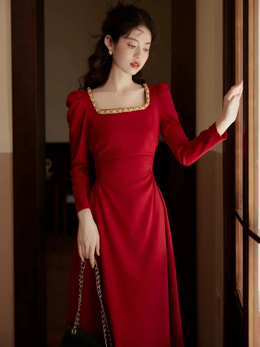 High Quality Evening Dress Women Vintage Square Neck Gold Beaded Gorgeous Party Dresses for Fall Wine Red Retro Elegant Vestidos