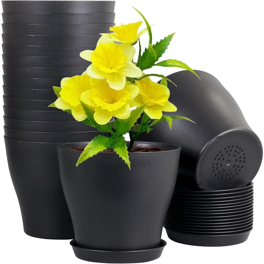 

6 inch Plastic Nursery Pots 16 Pack Plant Pots for Small Indoor Outdoor Plants Flower Pots with Drainage Holes and Saucers Drat