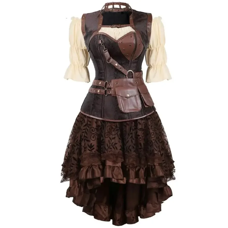 Steampunk Gothic Faux หนังรัดตัวเซ็กซี่ Bustier Top ไม่สมมาตรกระโปรงลูกไม้ดอกไม้ Renaissance เสื้อโจรสลัดชุดคอสเพลย์