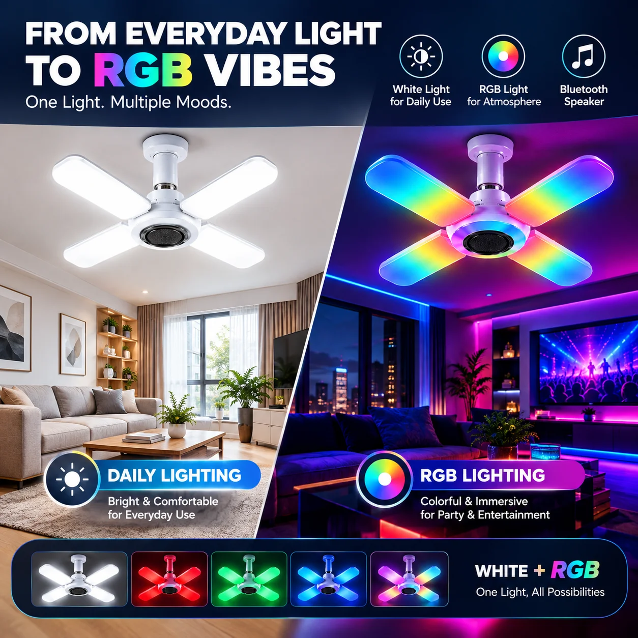 Modern E27 LED Ceiling Light 4 Panel Foldable Design Music Sync Colorful Party Lamp for Bar KTV Home Party Entertainment