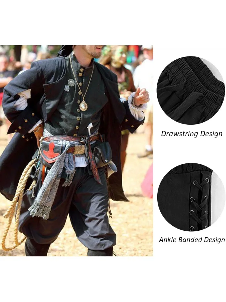 Men's Ankle Banded Cuff Renaissance Pants Medieval Viking Navigator Trousers Pirate Cosplay Costume with Drawstrings