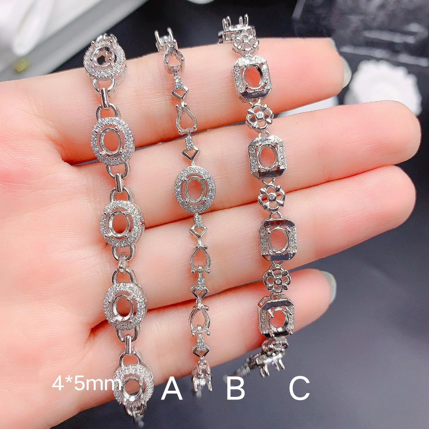 

S925 Sterling Silver Inlay 4*5mm Elliptic Gem Bracelet for Women Empty Support DIY Fashionable and Versatile Jewelry Accessory