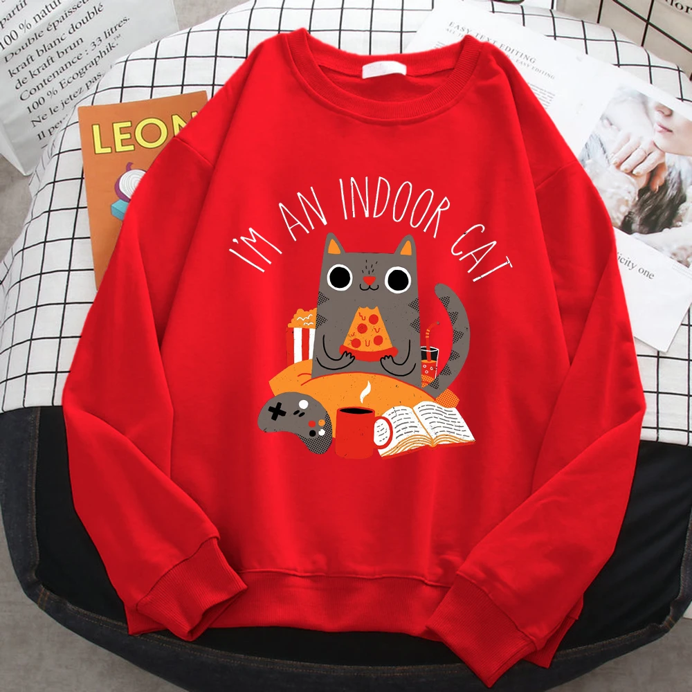 Street Women Sweatshirts Cat Sitting And Eating Pizza Printing Hoodies Comfortable All-Math Pullover Crewneck Loose Female Tops