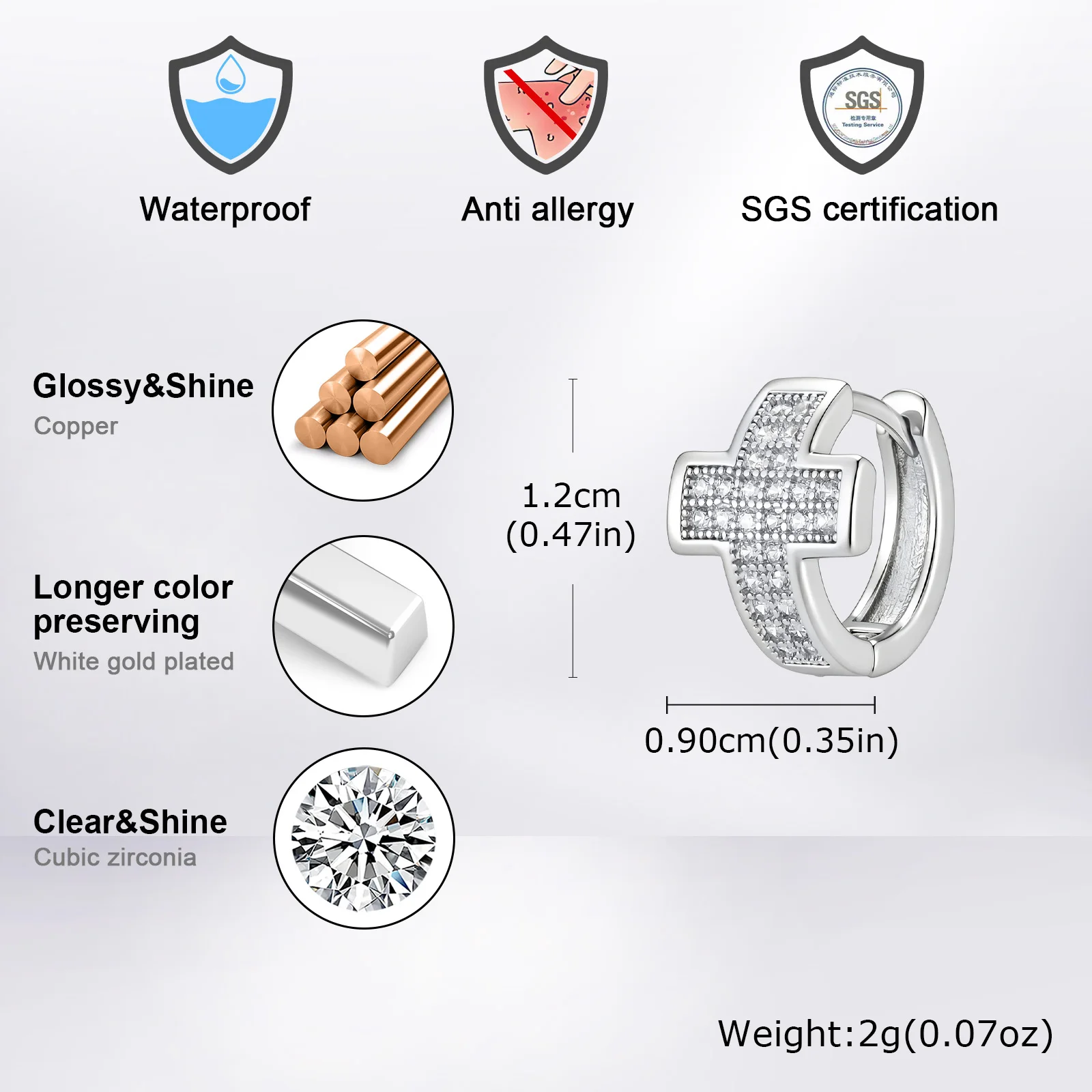 Vnox Herren Kreuz Huggie Hoop Ohrringe, Kupfer mit Zirkon-Einlage, mehrfarbiges Kreuz-Piercing-Schmuckstück, Geschenk für Männer, für den täglichen Gebrauch und Partys. – Detail 9