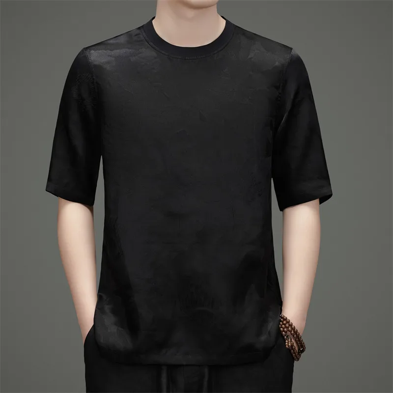Luxurious Silk 100% T Shirt For Men Short Sleeved Skin-Friendly Summer Quality Coolness Chinese Style Casual Camisetas De Hombre