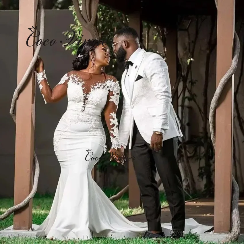 

Индивидуальный африканский дизайн, новинка 2025, атласные свадебные платья русалки для женщин, сексуальное свадебное платье с v-образным вырезом и кружевной аппликацией, расшитое бисером W1400
