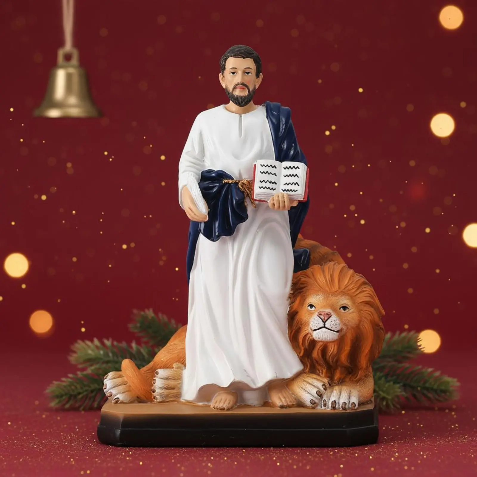 Saint Mark with Feathered Lion Figurine Classical Design Christian Saint Figure Venerable Man and Lion Decorative Piece