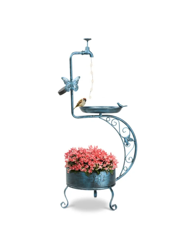 Outdoor bird bath with solar lights and planter base standing bird feeder, antique blue