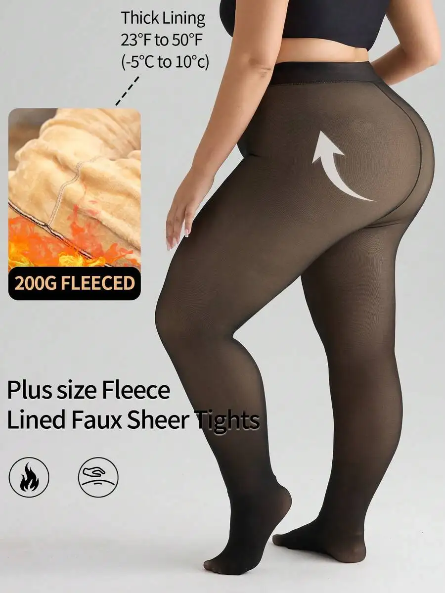Plus Size Fleece Lined Semi-Sheer Thermal Tights, High Stretch Warm Leggings for Cold Weather