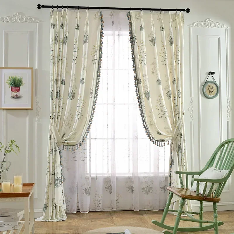 Printing Curtains for Living Room Bedroom Dining Korean Nordic Cotton Linen Elegant High Shading Lace Windows Door Pastoral