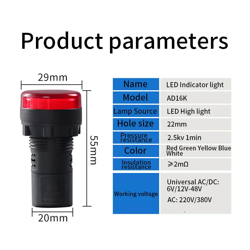 22mm Plastic Power Signal Lamp AD16-22D/S Crimp Type Connection 12V 24V 220V Red White Blue Green Small LED Indicator Light