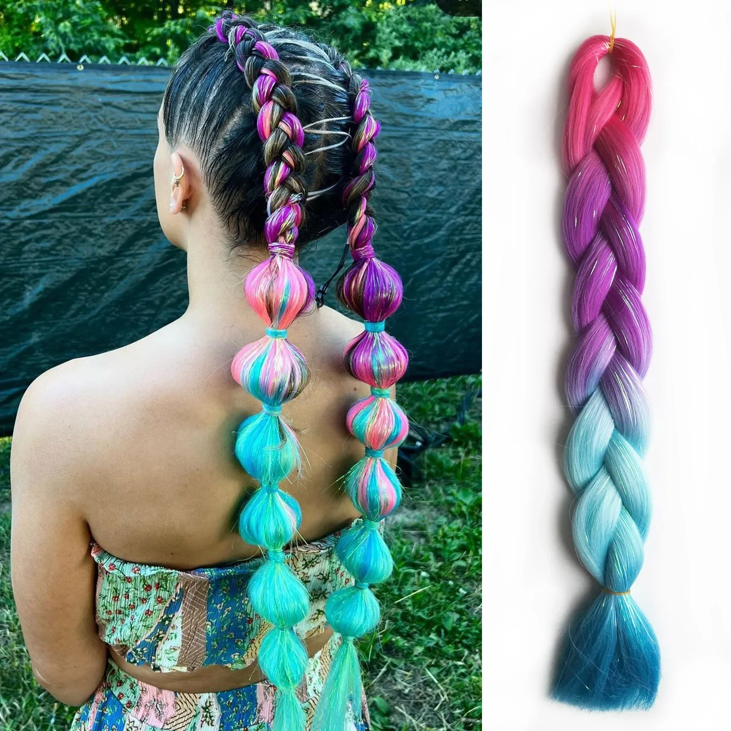 Colored Jumbo Braiding Hair Braids Ombre Yaki Straight Braiding Hair Blend Hair Tinsel,  24 inch Festival Rave Hair For Girls