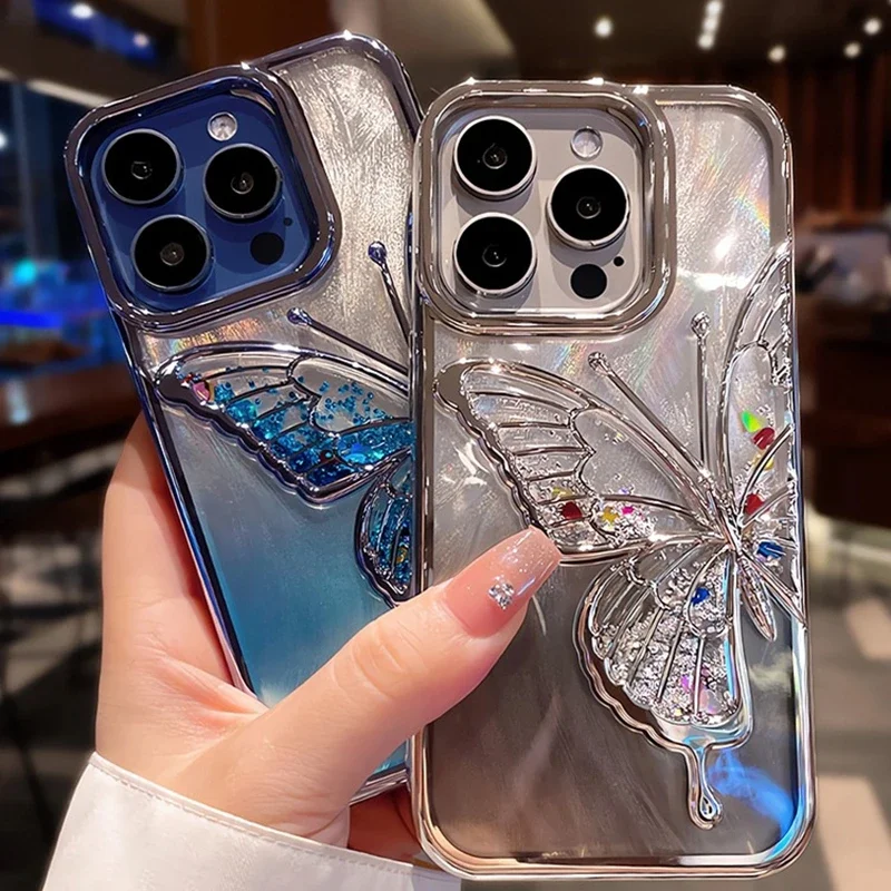 Cartoon Butterfly Glitter Quicksand Case for iPhone 15 14 13 11 12 Pro Max Plus Aurora Gradient Soft Silicone Shockproof Cover