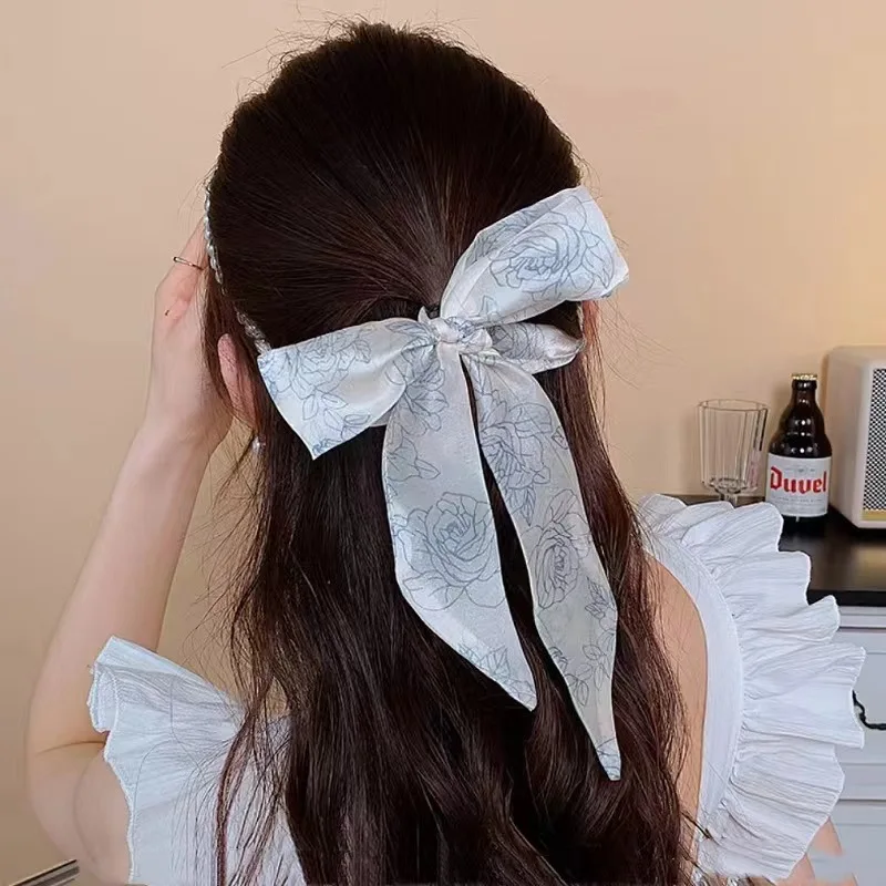 Chinese Style Streamer Pearl One-Piece Braided Hair Headband HairAccessories Printed Rose Ribbon Silk Scarf Hair Tie Hairband