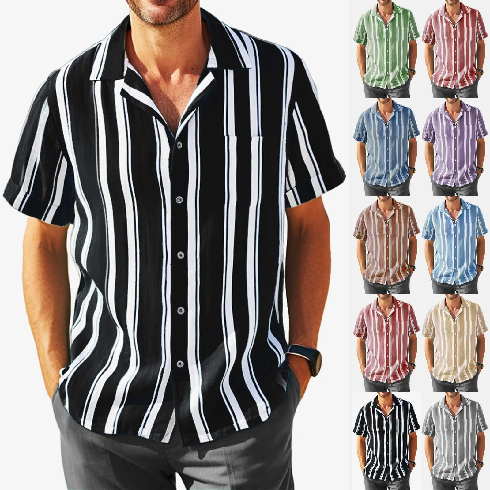 2023 Cross-border explosive Amazon Express men's linen striped jacquard casual fashion loose short-sleeved shirt