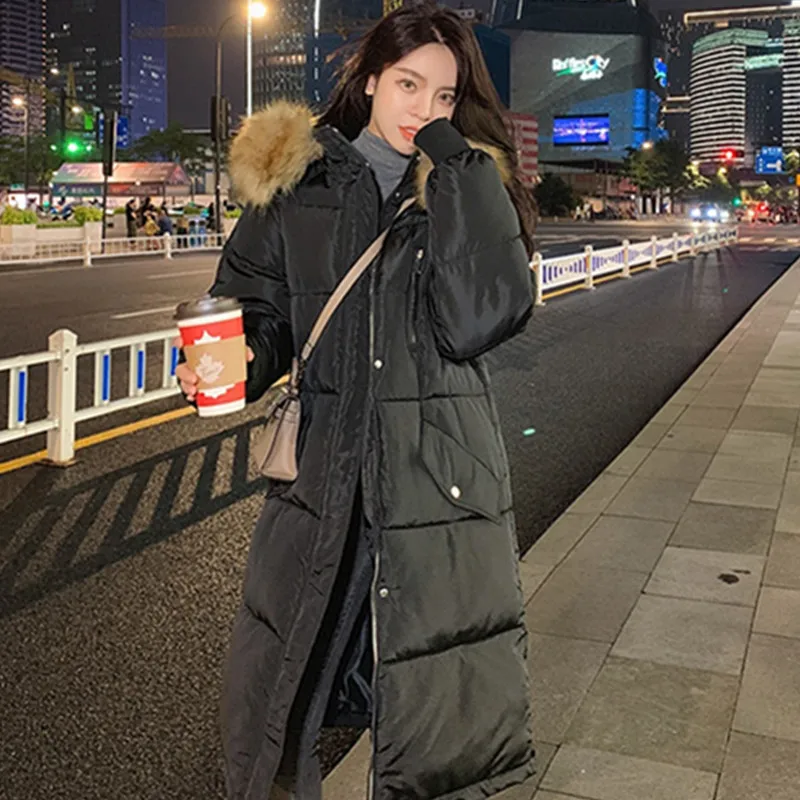 Loose Overcoat Parkas Thicken Warm Down Cotton Padded Coat 2023 Winter Women Down Jacket Long Hooded Coats Female Oversize Green