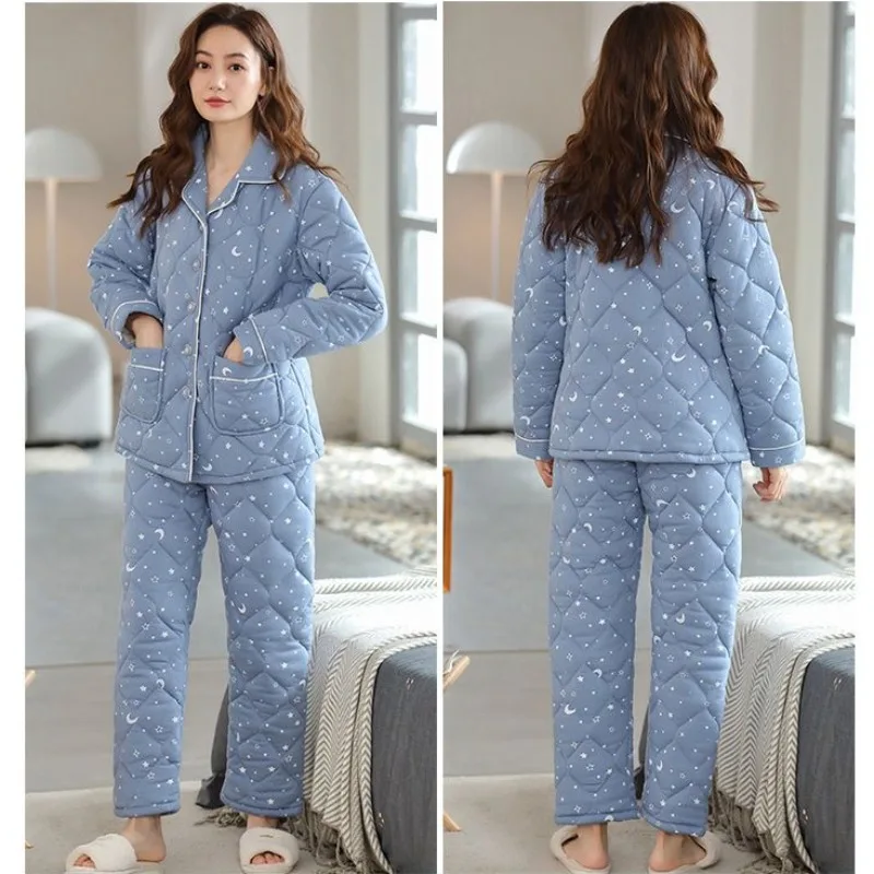 2023 New Pajamas Women 100% Pure Cotton Loungewear Suit Thickened Three Layers Cotton Sleepwear Autumn Winter Warm Homewear