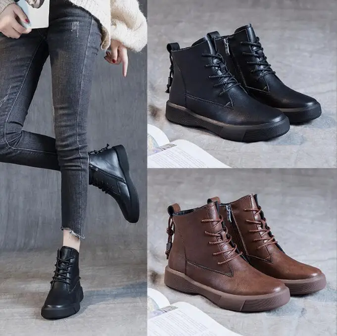 

Genuine Leather Boots Women Boots Autumn Winter Warm Plush Flat Ankle Boots British Style Casual Lace-up Retro Cotton Boots