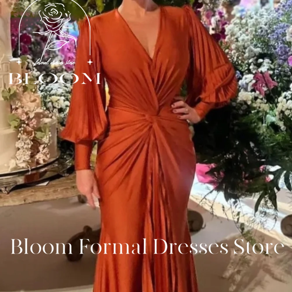 Bloom Customized  Prom Dress V neck Long Sleeves For Women 2024 A line  Formal Party Dresses Satin Evening Gowns Saudi Arabia