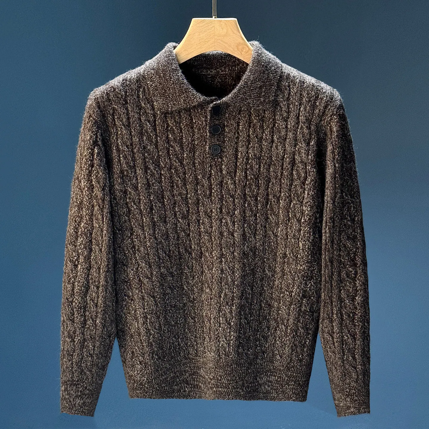 Classic hemp pattern thick needle Polo neck cashmere sweater men's casual lapel sweater in autumn and winter